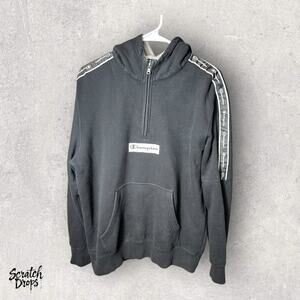 Champion Hoodie XL Black Half-Zip Logo Tape Kangaroo Pocket Athletic Wear Hoodie